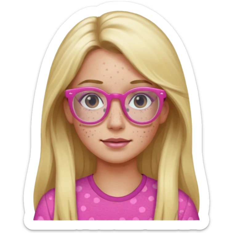 Innocent blonde long hair woman with black eyes and light skin and pink glasses and freckles  sticker