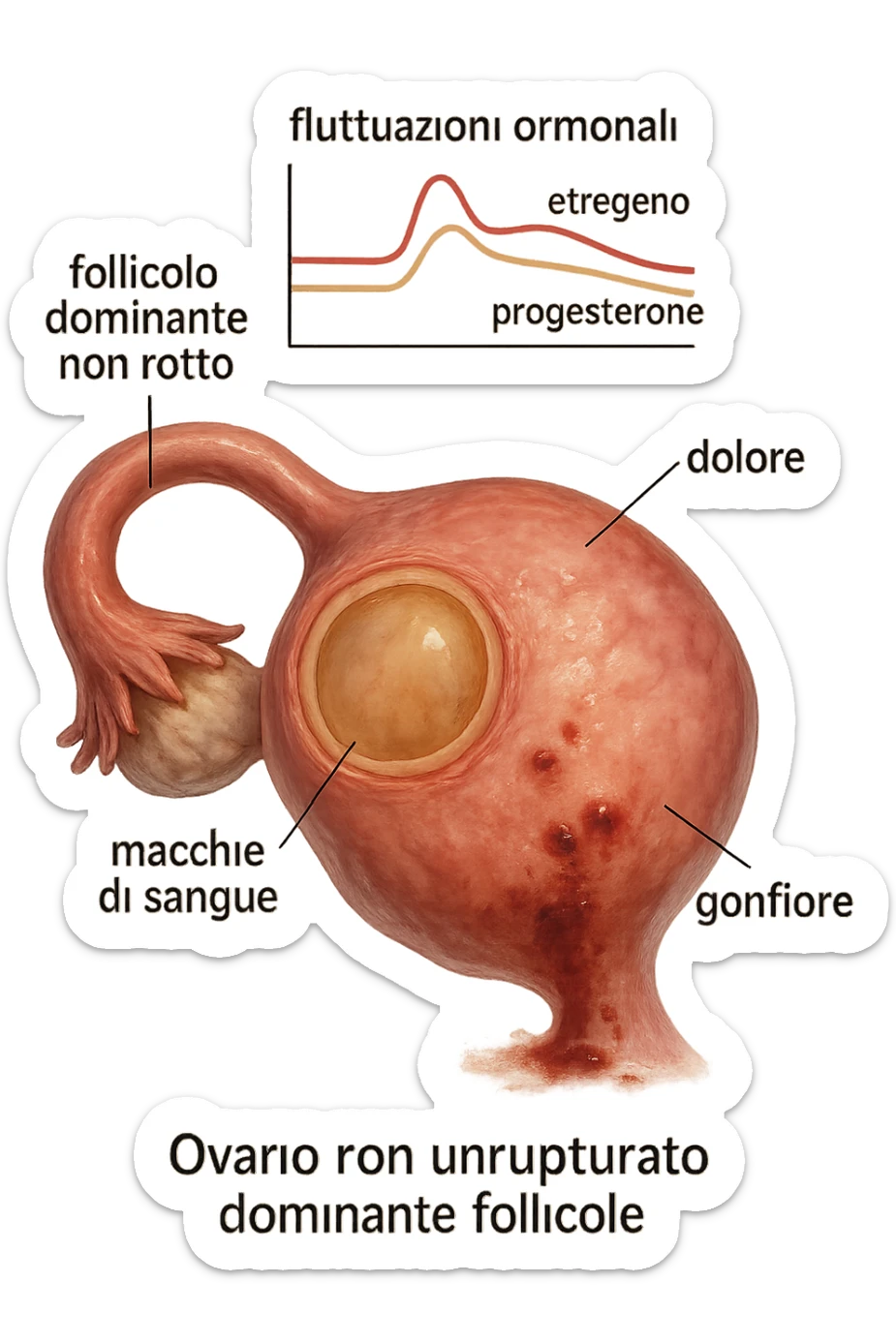realistic and cinematic illustration of an ovary with an unruptured follicle, low progesterone, hormonal fluctuations, symptoms of spotting, pain and swelling, clinical details, captions in Italian sticker