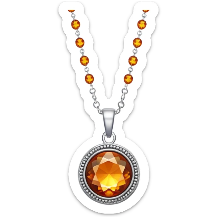 extreme close up of a round cut holographic amber charm with silver metal accent and beaded chain sticker