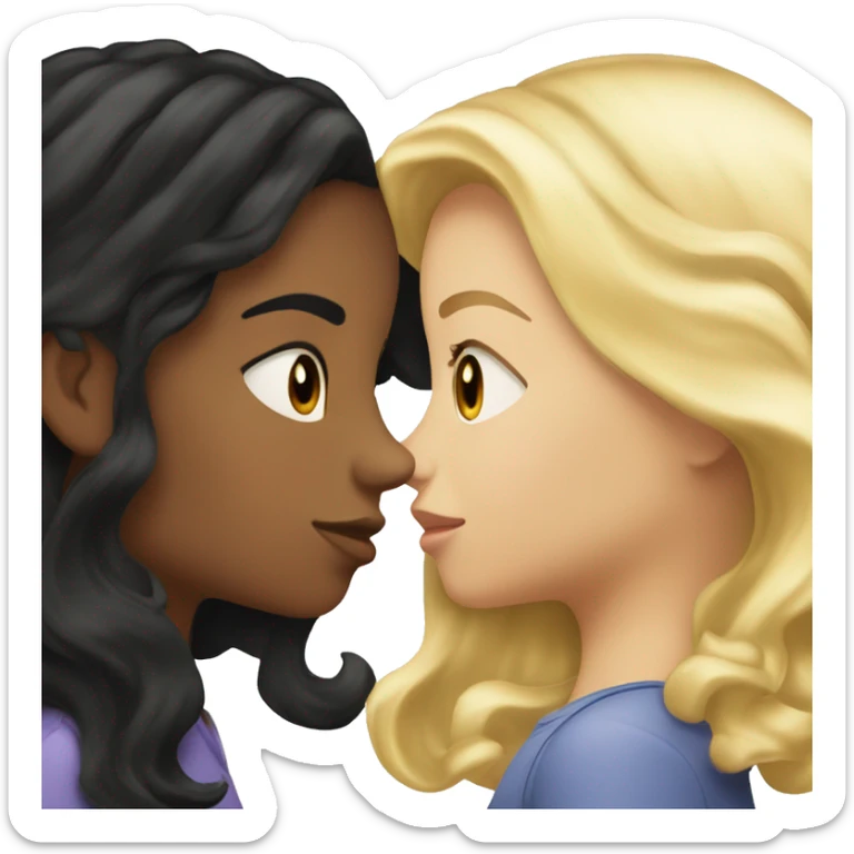 A straight black hair girl kissing a wavy blonde hair girl sticker