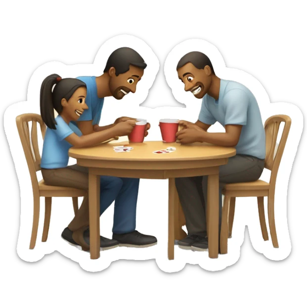 An emoji of a family—mother, father, and child—sitting at a table, playing a cup game with paper cups arranged on the table as they have fun together sticker