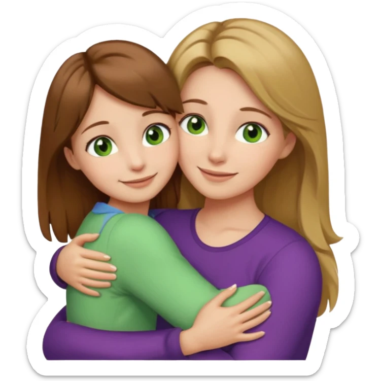 Maman cheveux marrons yeux marrons peau blanche et fille cheveux blond yeux verts peau blanche qui se font un câlin  sticker