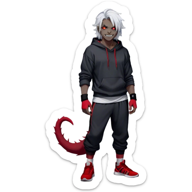 Male adult, black grey skin, red eyes, white hair, sharp teeth, bandages on arms, charismatic grin, scar on cheek, messy hair, shoulder length hair, sharp jawline, lanky athletic physique , Hoodie, baggy sweat pants, glowing eyes, tall, wearing sneakers, thin demon tail, black socks, hood up, looking at viewer, 

chibi, , rows, =, emojis, mischievous sticker