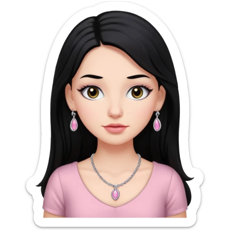 Menina branca ,cabelos pretos longos, olhos pretos puxados para cima. Cílios longos, lábios grossos ,nariz pequeno ,vestido rosa claro de alça. Colar e brinco bem pequeno sticker