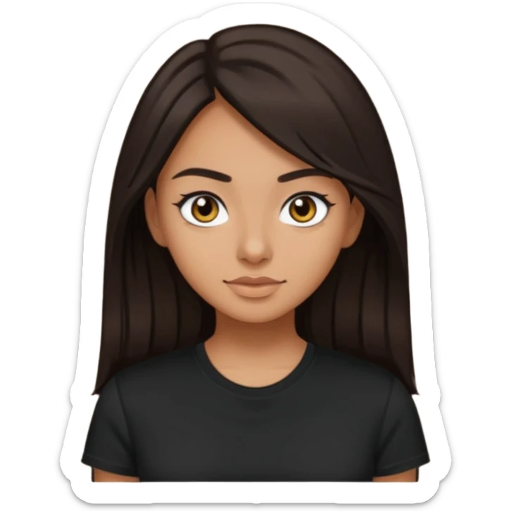 this woman with dark long brown hair and dark eyes, olive tan skin and black tshirt sticker