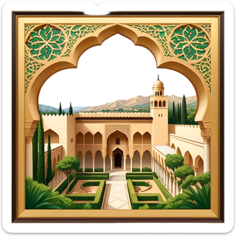 ​Cinematic Realistic Alhambra, depicted as a panoramic, zoomed-out view of the entire majestic Moorish palace complex with intricate arches, expansive courtyards, and lush gardens, bathed in soft golden lighting that highlights its opulent historical beauty, sticker