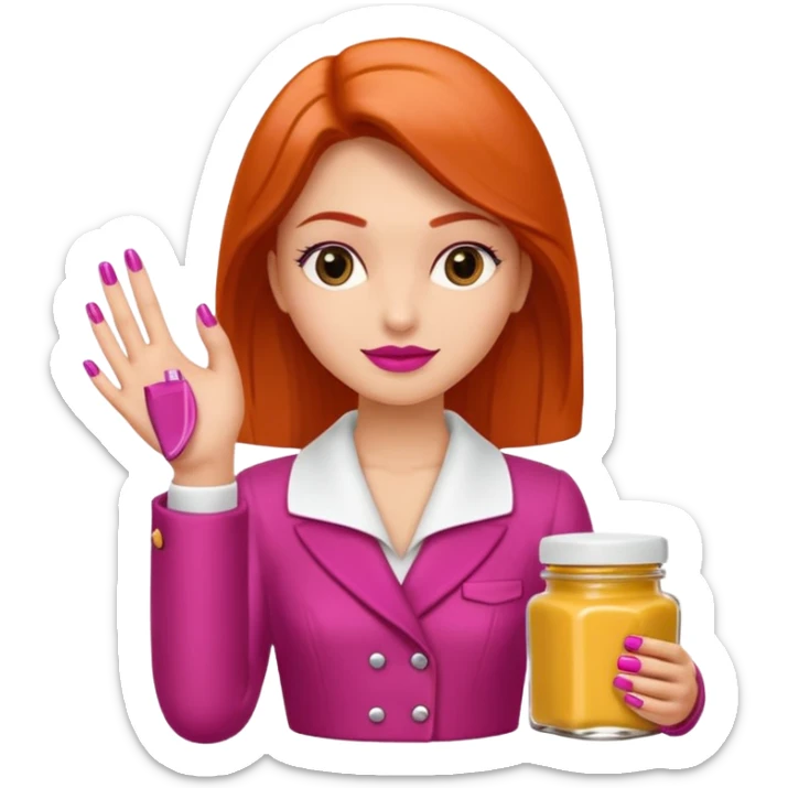 Una miniatura de una mano femenina, elegante y con manicura, sosteniendo un pequeño tarro de mantequilla corporal. La mano está en un gesto de 'OK' o 'fórmula perfecta'. Utilizar los colores principales de Riqueza Artesana: magenta y terracota. Iluminación profesional y clara. sticker