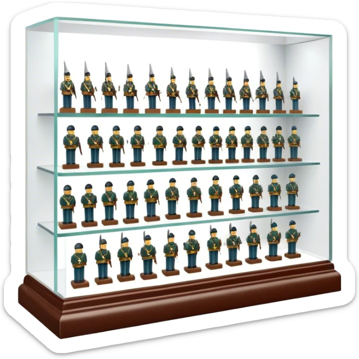 Icon for Miniature Collecting: a collection of finely detailed miniature items such as tiny colorful army of soldiers, figurines and accessories, neatly displayed on a shelf or in a display case. The icon should convey the intricacy and charm of collecting miniature objects. Transparent background. sticker