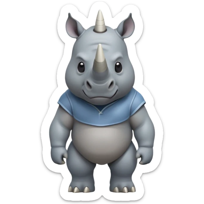 cinematic-rhino-full-body-standing-emoji,white horn, slate grey/blue skin -massive-body-poised-powerfully,-thick-horn-curving-slightly-forward,-head-tilted-dramatically,-rough-grey-hide-covered-in-dust,-simplified-focused-features, large cute black eyes sticker