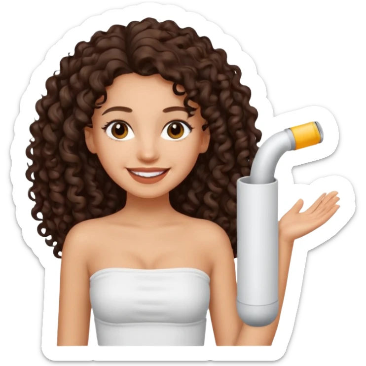 Woman with light skin and dark brown eyes and dark brown long curly hair and white tube top sticker