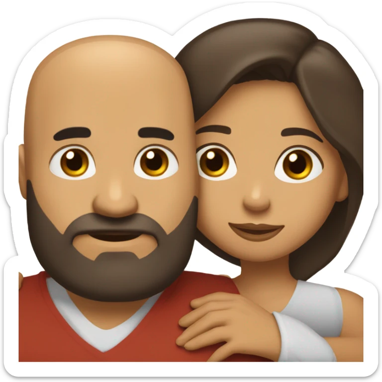 Comforting hug from brunette Puerto Rican with dark brown eyes to short, bald man with brown eyes and a beard sticker