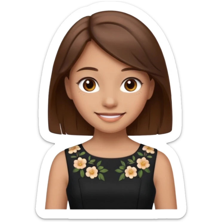 Make a girl, she have brown hair and eyes, smiling and she is in a black dress sticker