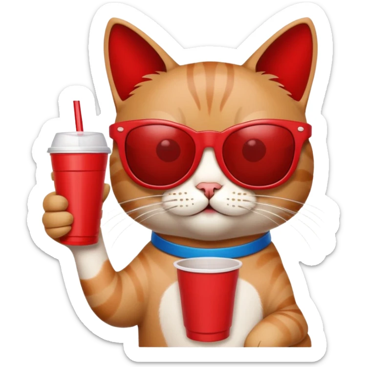 cat wearing sunglasses, holding a red solo cup, looking like it's at a college party sticker