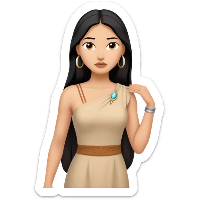 Pocahontas from hips up, tan dress with one shoulder, long black hair, minimal style but clearly recognizable sticker