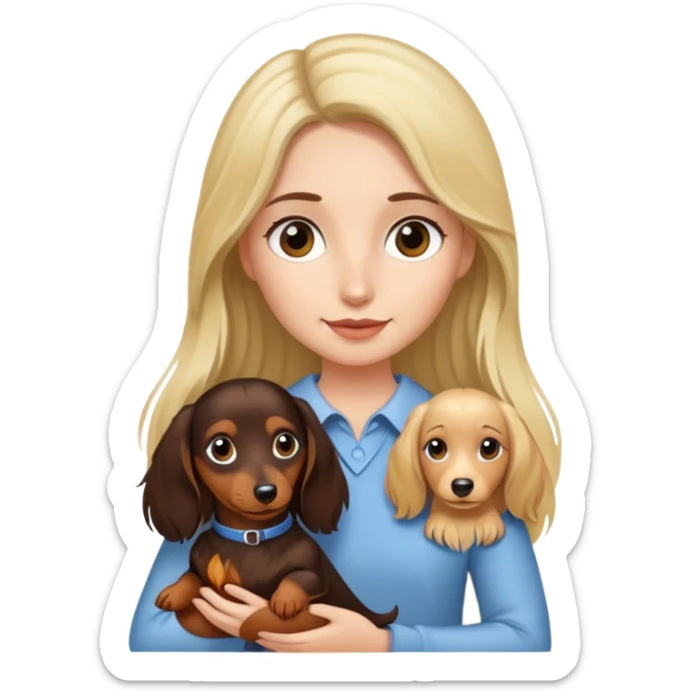 Girl with dark brown hair holding a long haired blonde dachshund  sticker
