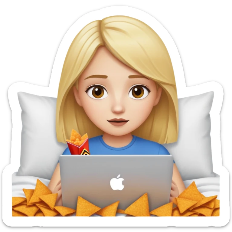 Girl with blonde hair watching TV on her Mac book computer and eating Doritos in bed sticker