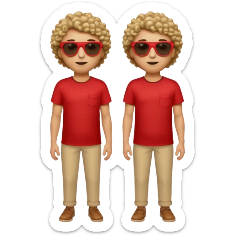 Emoji-style man in a red untucked shirt with rolled sleeves, beige trousers, and sunglasses. Short curly box-cut hair, long triangular face. Looking sideways, removing sunglasses with one hand, the other on his waist. sticker
