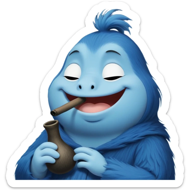 Cute emoji-style illustration of Morra (The Groke) from Moominvalley, smiling softly with closed eyes, holding a small smoking pipe. Her usual gloomy appearance is softened — dark blue or purple fur, round friendly face, tiny paws clutching the pipe. Wisps of smoke curl upward, adding a cozy vibe. Cartoonish, simple lines, vibrant colors, transparent background. Playful and whimsical, fitting Moomin's fairytale aesthetic. sticker