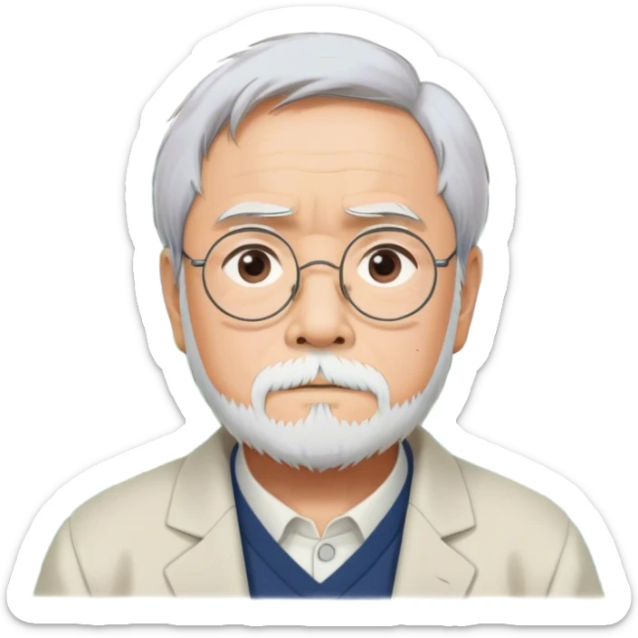 Hayao Miyazaki (filmmaker) – Cinematic Realistic Portrait of Hayao Miyazaki, portrayed with gentle, wise eyes and a thoughtful expression, set against a backdrop of whimsical sketches and animated landscapes reminiscent of Studio Ghibli, rendered with soft natural lighting and rich, detailed textures that evoke creative magic. sticker