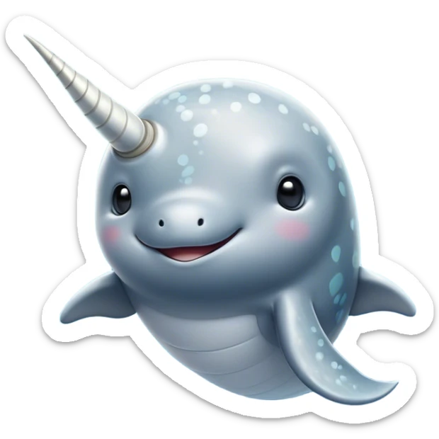 Cinematic Noble Cute Narwhal Portrait Emoji, Poised and graceful, with a streamlined, gently curved body clad in mottled, silvery-gray skin, accented by a long, spiraled ivory tusk and wide, expressive eyes radiating playful intelligence, Simplified yet sharp and sophisticated features, highly detailed, glowing with a cool, frosted ocean glow, high shine, intelligent and enigmatic, stylized with an air of whimsical marine majesty, focused and graceful, soft glowing outline, capturing the essence of a watchful and confident cute narwhal that appears ready to glide out of the screen with effortless charm! sticker
