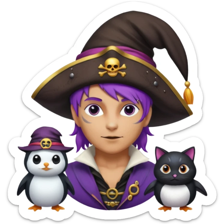 Um homem vestido de pirata,um gato de mágico,uma mulher de cabelos roxos e um pinguin vestido de bruxa sticker