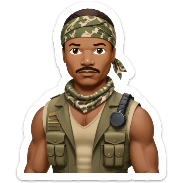 Carl Weathers as Dillon from Predator movie, muscular man in military gear with bandana sticker