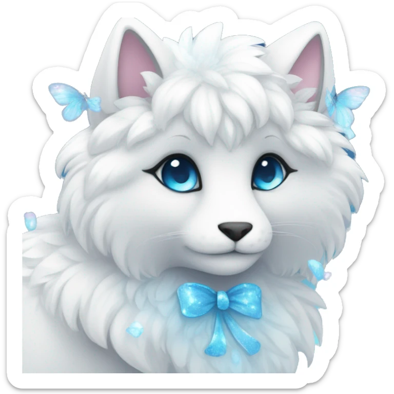 Anthro Cute Cool Kawaii gorgeous sparkly ethereal white fantasy animal creature with blue eyes furry sona with flowers beautiful aesthetic sticker