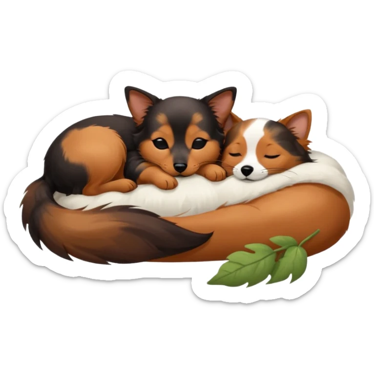 Calico cat with black nose sleeping near a black and brown nose dachshund dog     sticker