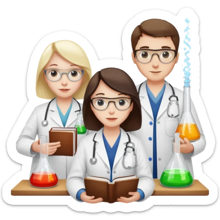 The team of three scientists is waist-deep, surrounded by chemical flasks and books sticker