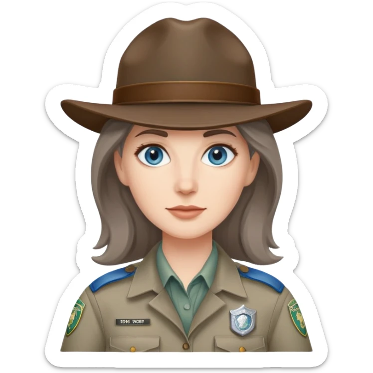 white woman park ranger with brown and gray hair and blue eyes sticker