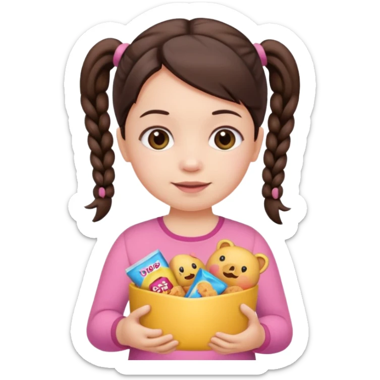 Cute small Toddler emoji with two pigtails dark brown hair, fair skin, in pink top, holding toddler snacks sticker