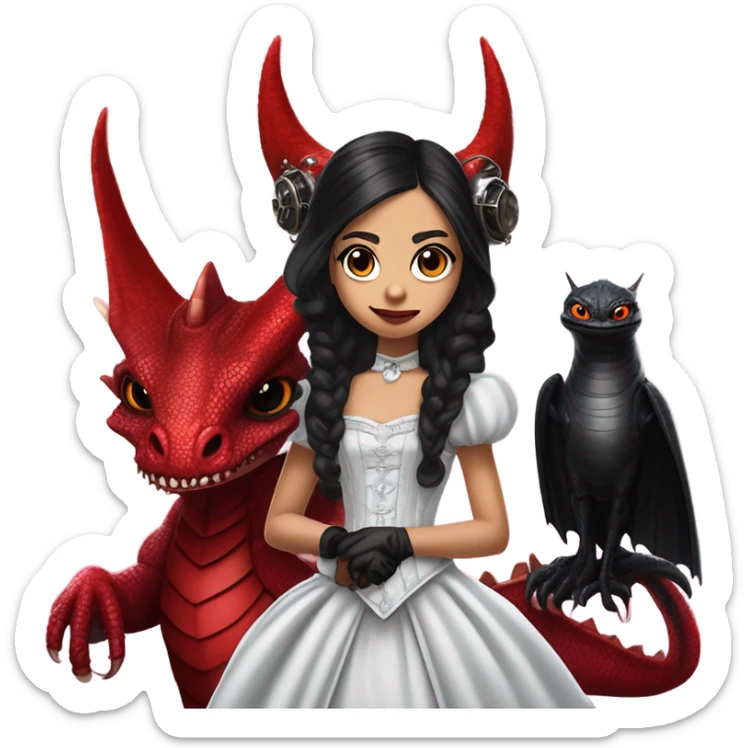 surprised Lavish Victorian evening gown with gloves, Jenna Ortega as Addams girl Jedi wearing a steampunk mini tiara, very large blood red evil-looking horned dragon sticker