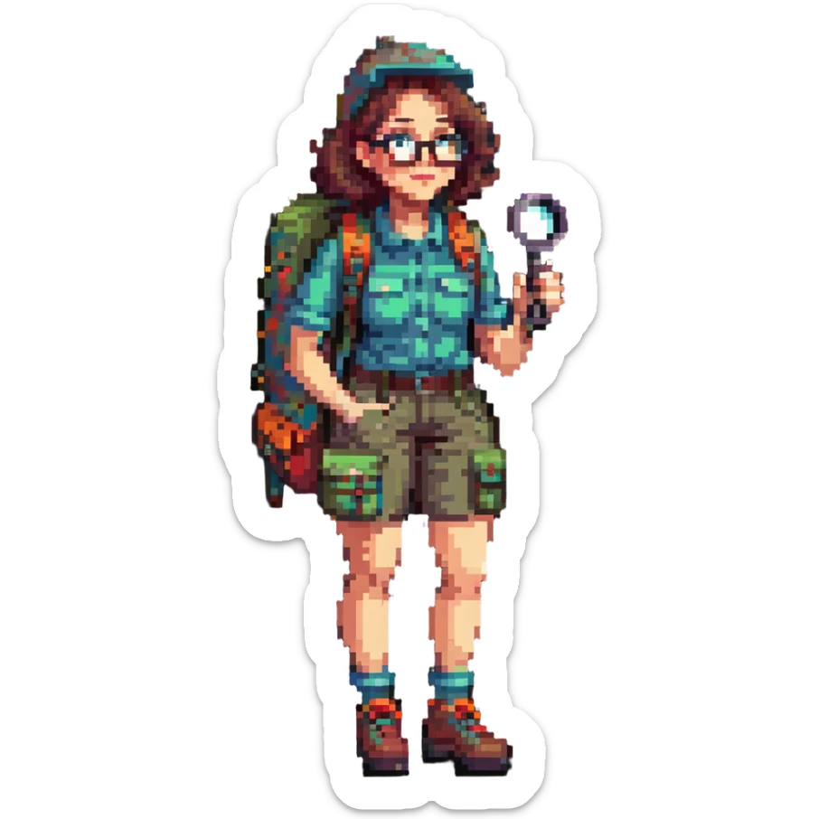 Happy woman explorer in her 40s with glasses, colorful retro hiking outfit, backpack, holding one magnifying glass, detailed pixel art sticker