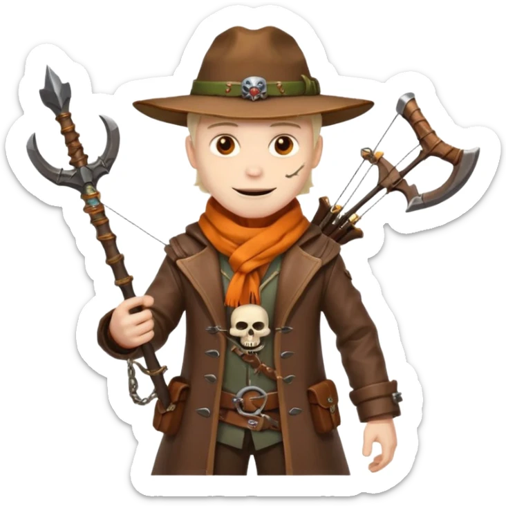 male human monster hunter emoji, wearing brown leather coat and wide hat, holding crossbow, with amulet shaped like skull, Halloween fantasy theme, confident smile, orange scarf, Apple emoji style, clean white background, square image sticker