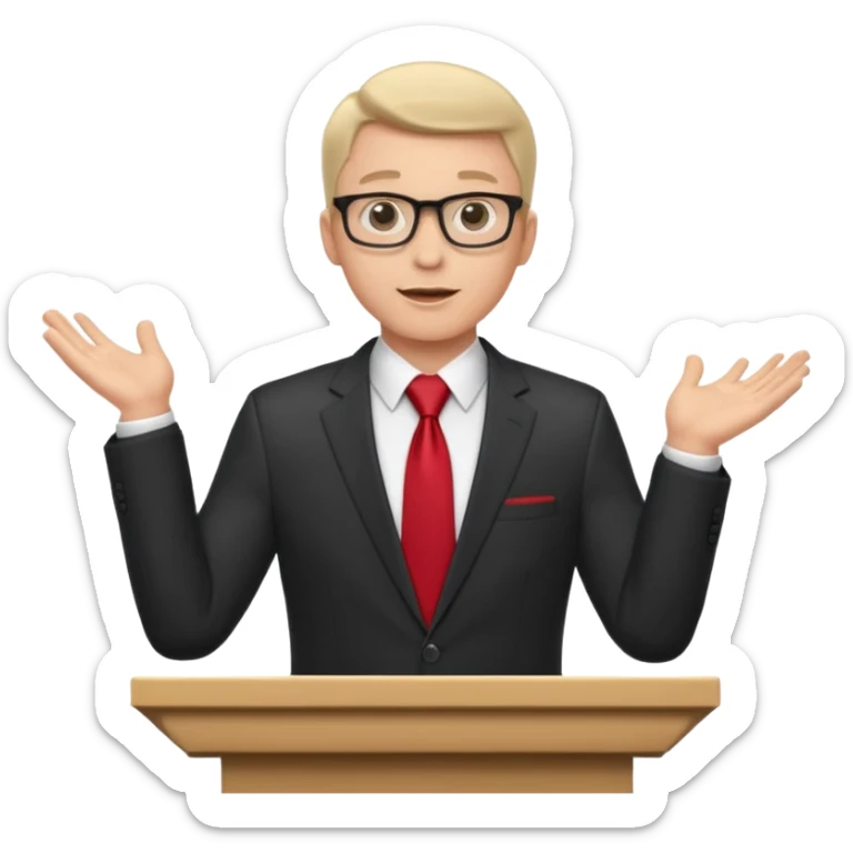 A professional clean-shaven man in a dark business suit and red tie standing behind a podium, confidently delivering a speech. Hands slightly open in a welcoming gesture, soft studio lighting, neutral dark background, friendly facial expression, glasses, elegant and corporate look. sticker
