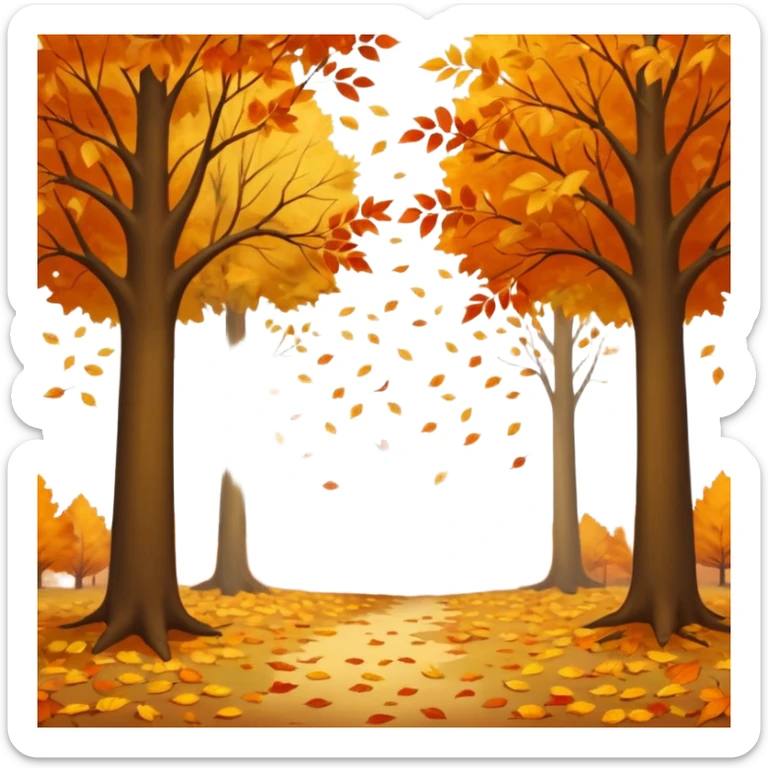 A peaceful autumn scene with golden and orange leaves gently falling from tall trees, soft sunlight filtering through the branches, leaves covering the ground, a gentle breeze in the air, cinematic atmosphere, warm color tones, 4K, ultra detailed, hyperrealistic, dreamy fall season landscape sticker