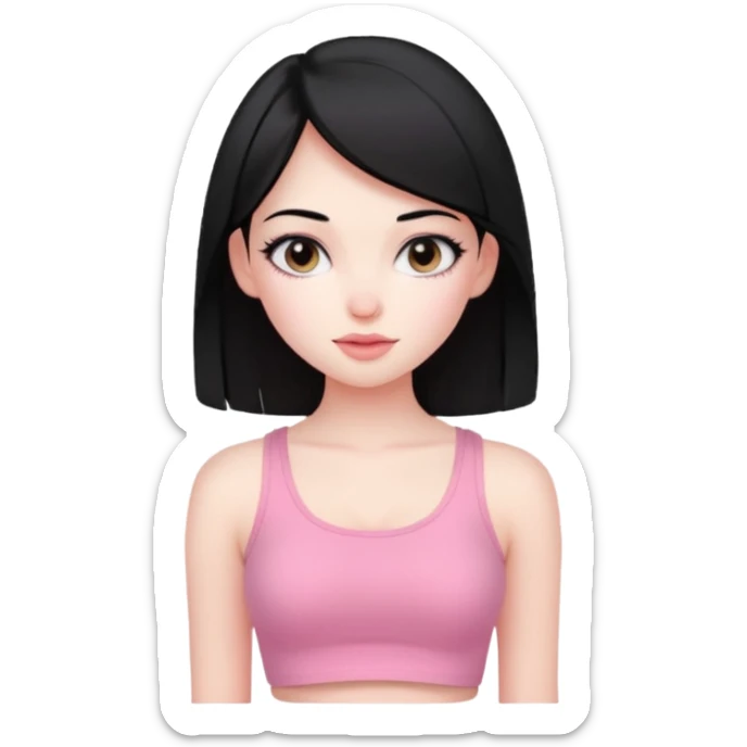 Cute girl with black hair straight with pale skin and with pink crop top coquette sticker