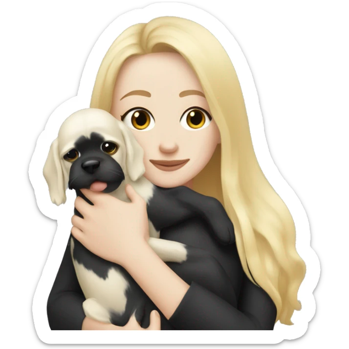 pretty woman with pale skin, very long blonde hair hugging a black dog sticker