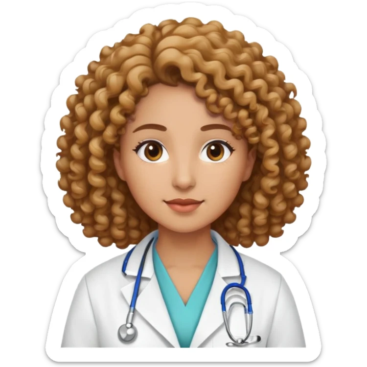 woman with curly hair, light brown skin, wearing hospital lab coat sticker