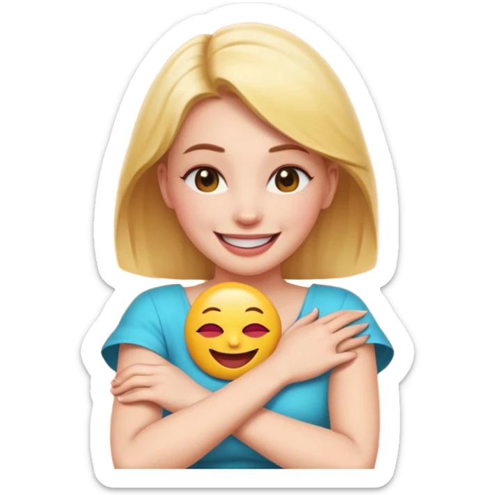 A woman with arms crossed holding neck laughing emoji sticker