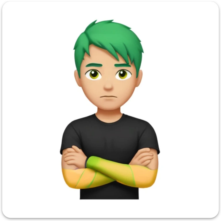 a man with his arms crossed over his chest, green hair, and serious eyes sticker