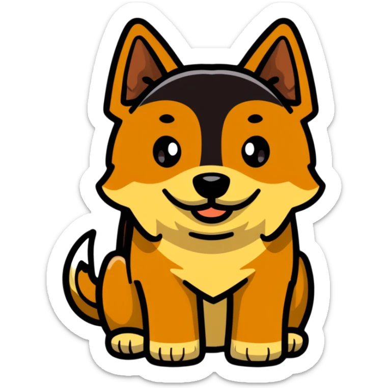 A hunting dog mixed with a pitbull dog. The dog is a golden brown color but has white on its chest with brown eyes sticker