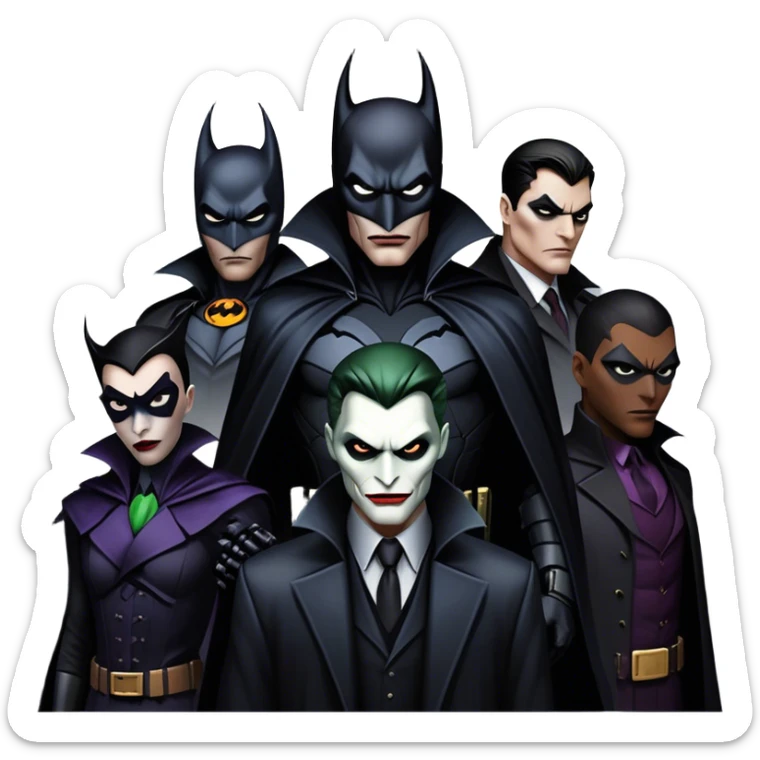 Icon for Thriller Movies: A large, dramatic collage featuring sinister villains in dark clothing. The background shows the gloomy cityscape of Gotham, with dim lighting and eerie shadows. The atmosphere should be tense, mysterious, and suspenseful. Transparent background. sticker