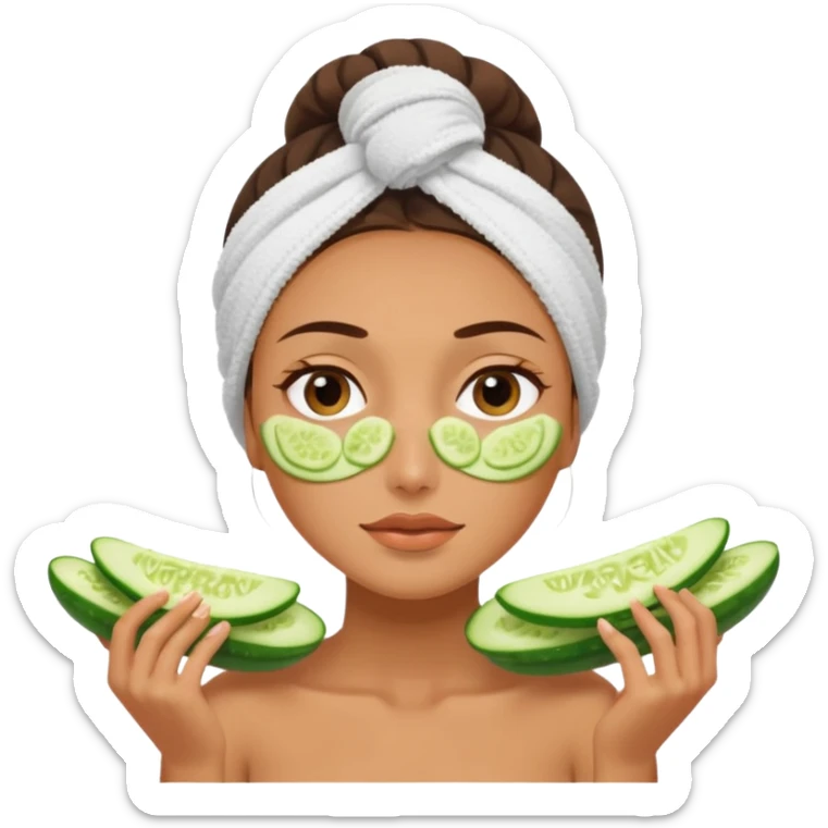 woman at the spa with cucumbers on her eyes (no eyeballs showing) and tan skin tone with towel covering hair sticker
