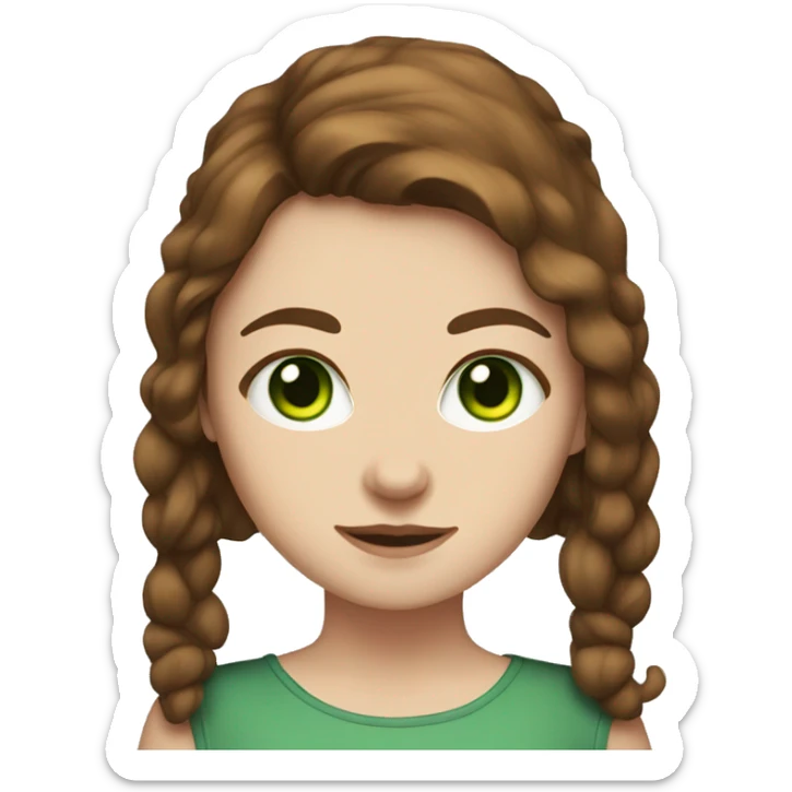 A white girl with brown hair and green eye and a cat sticker