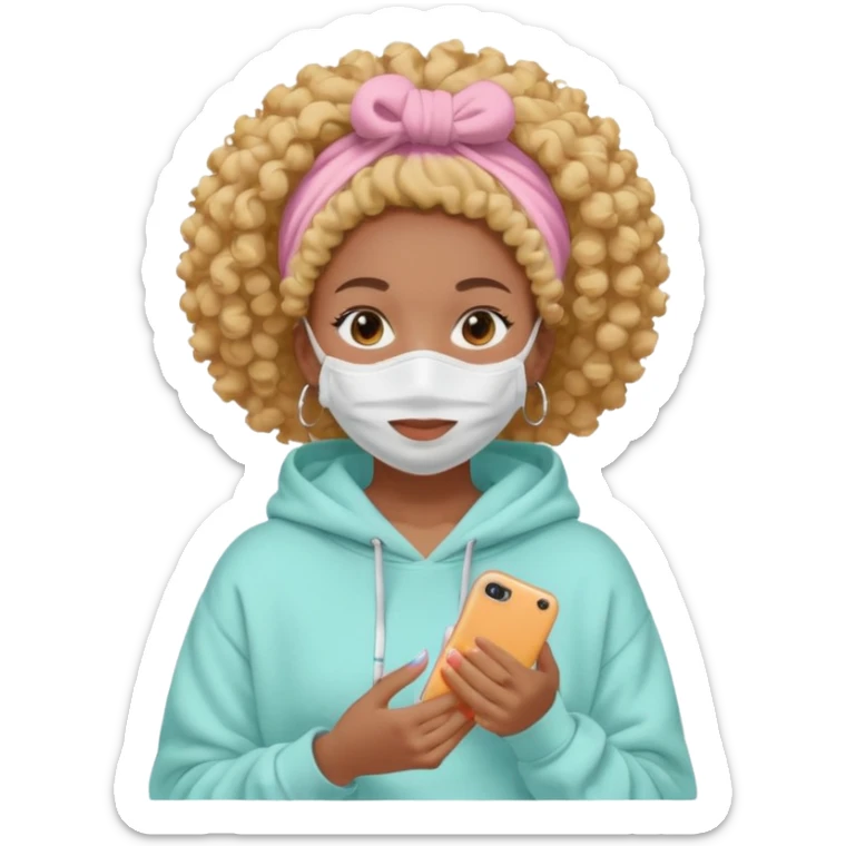Black girl, clean girl aesthetic, 4C curly hair in a puff, pastel hoodie, white sneakers, minimal jewelry, soft smile, cozy vibe, bright colors, Apple-style skincare routine     White face mask + towel on my head = self care time. sticker
