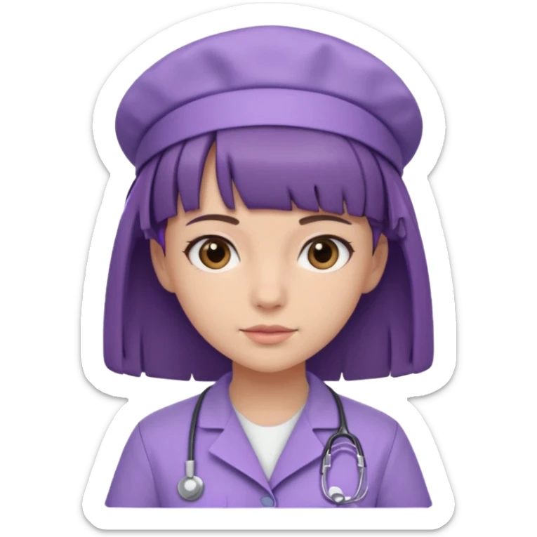 A young female slim nurse with short Brown hair with fringe over her forehead, wearing larvendar purple working cloth sticker
