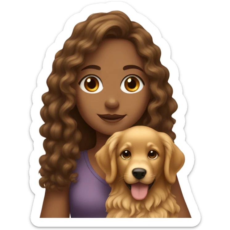 Tan skinned girl with  long brown curly hair with a golden retriever puppy sticker