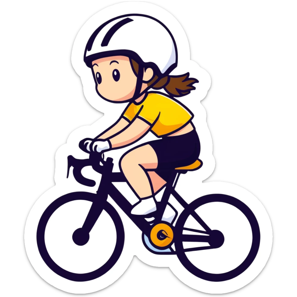 girl riding a road bike, wearing sportswear and a helmet sticker