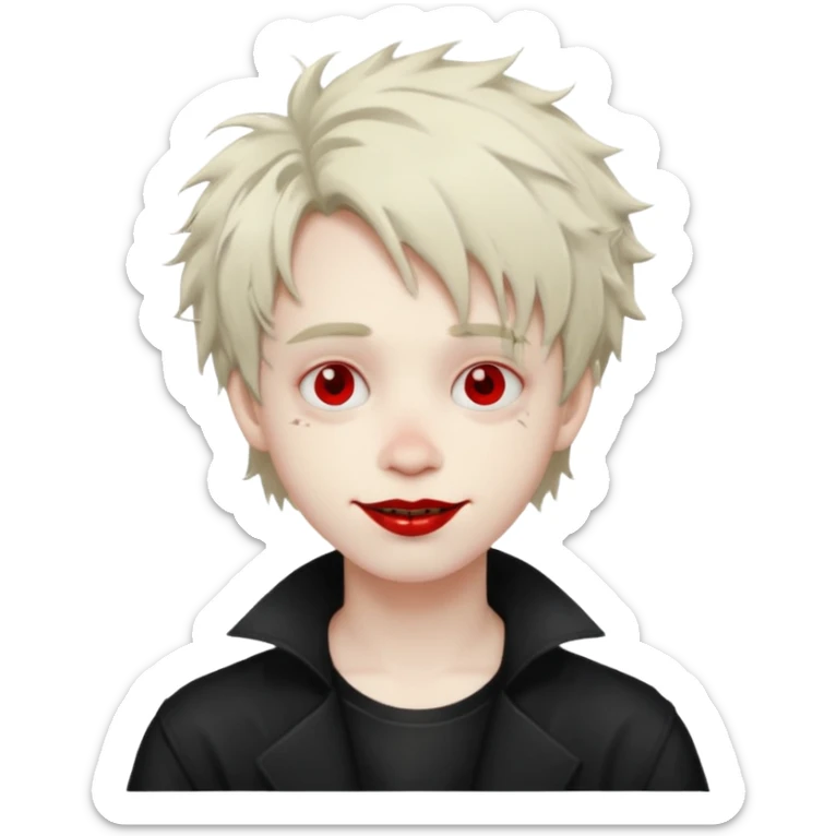 Happy pale Goth boy with shaggy hair, and messy, smudged, red, lipstick  sticker